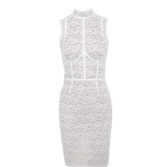 House of CB Caitlyn WHITE + BEIGE LACE DRESS - XS - Picture 6 of 16